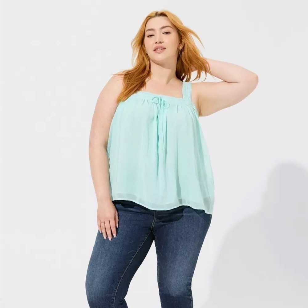 TORRID Embroidered Crinkle Chiffon Crochet Lace Trim Tank